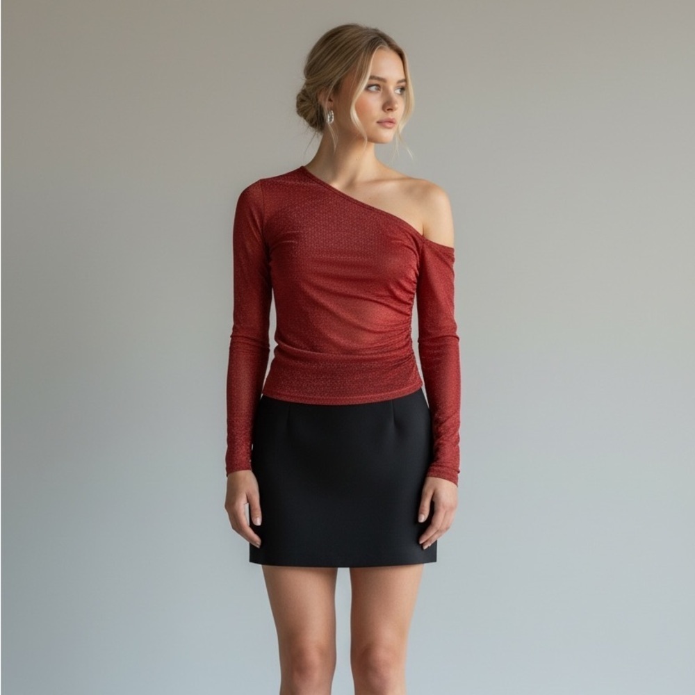ZARA Large Red Asymmetrical One Shoulder Ruched Long Sleeve Lightweight Cocktail